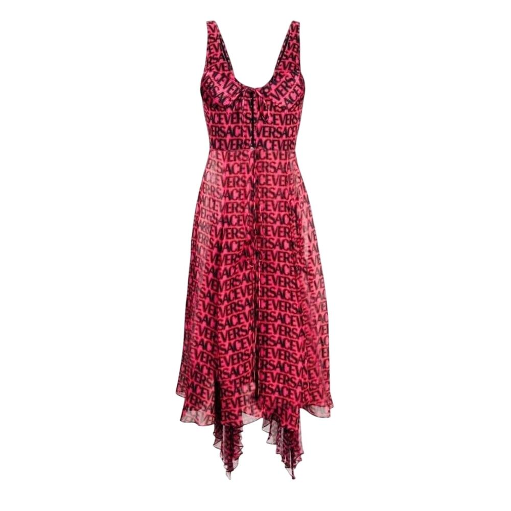 NWT Versace Runway Plisse Silk Dress IT 38 US 2 All Over Logo Red Black $5,425